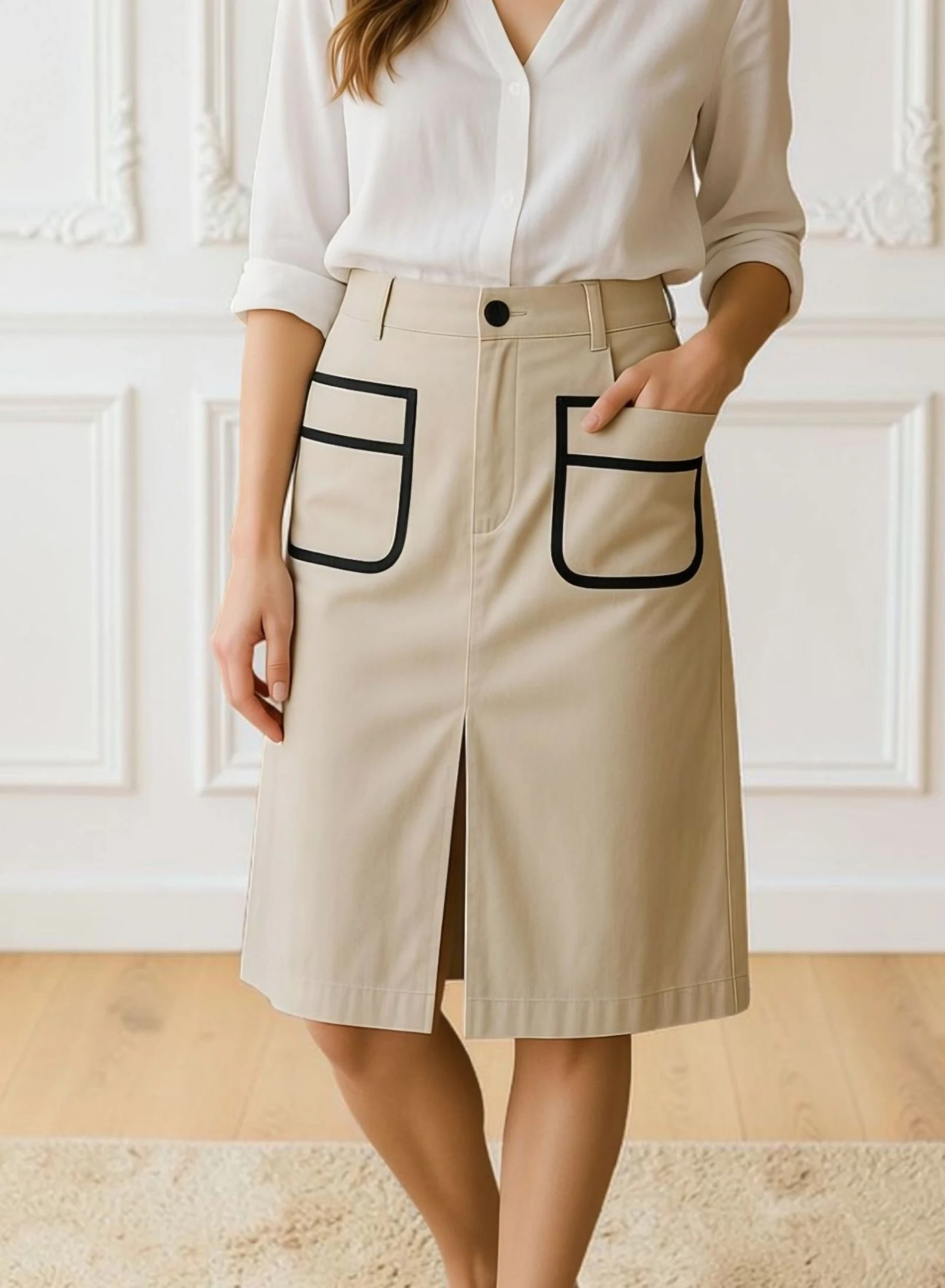 Chic Neutral Midi Cord Skirt • Elastic Waist Comfort • TU • Vintage Style • Fall Essential – photo 7